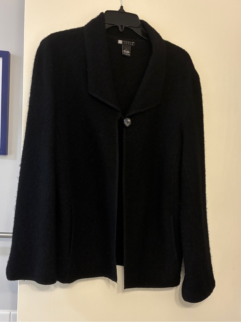 Vintage Carole Little 100% Wool Black Open-Front Single Button Cardigan Jacket